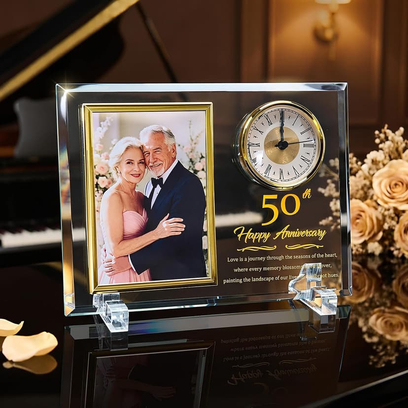 Dxaeqr 50th Wedding Anniversary Keepsake for Couples, Crystal Glass Photo Frame Clock, Golden Anniversary Present for Parents Grandparents Wife Husband, Holds 4x6 Photo B0G6WN24TD