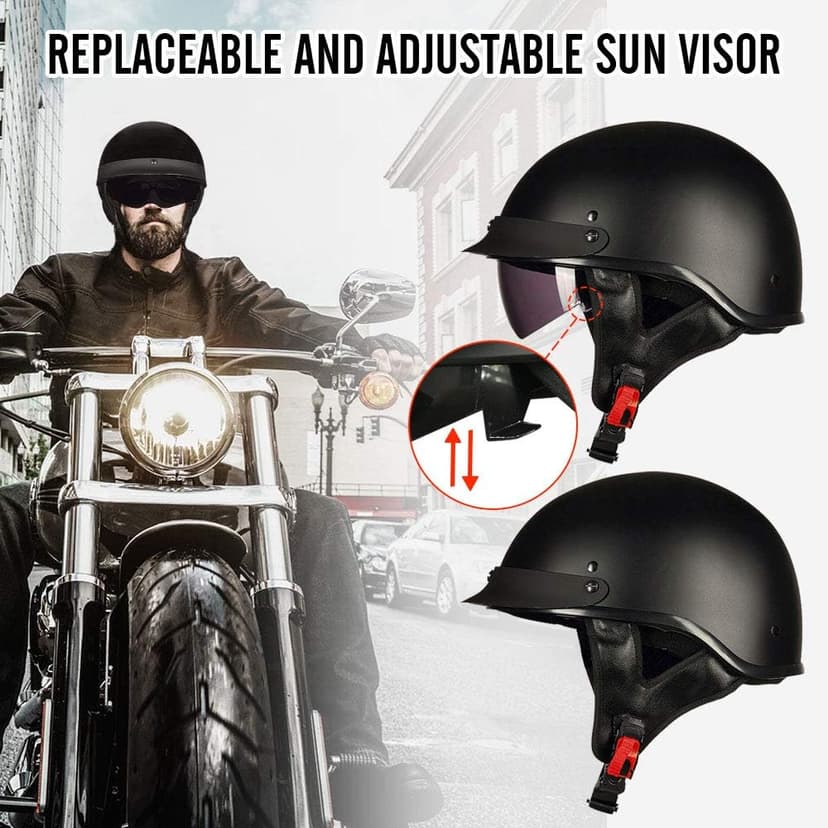 ILM Half Helmet Motorcycle Open Face Sun Visor Quick Release Buckle DOT Approved Cycling Motocross Suits Men Women 205V (M, Matt Black)