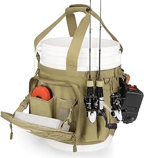 KastKing Karryall Fishing Bucket Organizer for 5 Gallon Bucket, Ice Fishing Tackle Bag with Adjustable Buckle, Rod & Plier Holder and Multi-Pockets for Fishing Gear & Accessories Storage,Khaki
