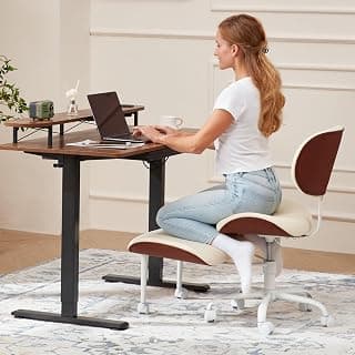 EROMMY ADHD Chair with Wheels Retractable footrest, Wide and Thickened Criss Cross Chair, Ergonomic Cross Legged Kneeling Desk Chairs for Meditation Yoga, Beige & Brown
