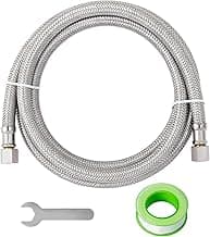 SUNGATOR 5 Feet Refrigerator Water Line, 1/4" Comp X 1/4" Comp Ice Maker Hose, 5 Feet Stainless Steel Braided Ice Maker Water Supply Line with A Wrench and Sealing Tape (1 Pack)