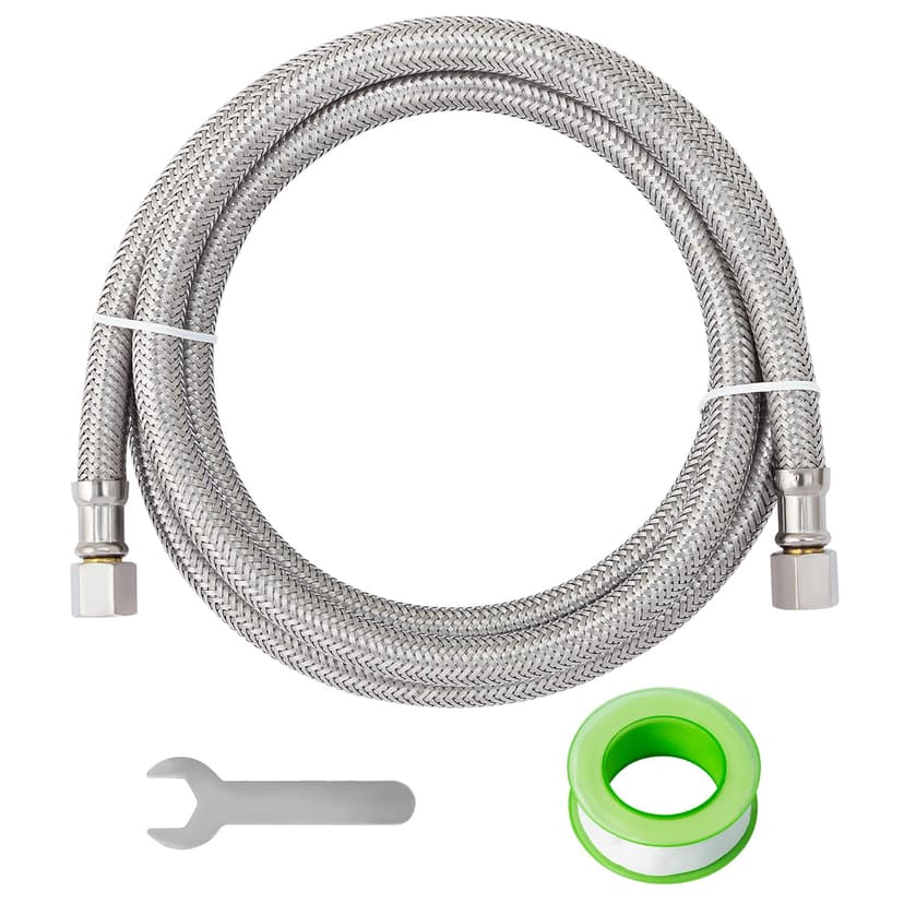 SUNGATOR 5 Feet Refrigerator Water Line, 1/4" Comp X 1/4" Comp Ice Maker Hose, 5 Feet Stainless Steel Braided Ice Maker Water Supply Line with A Wrench and Sealing Tape (1 Pack)
