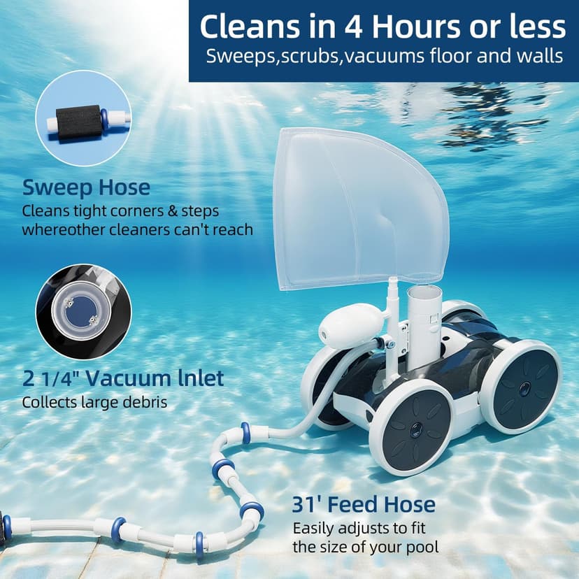 MAKHOON Upgrade Pool Pressure Side Sweeper – Professional Pool Cleaner for Efficient Swimming Pool Cleaning, Stable 4-Wheel Structure Design