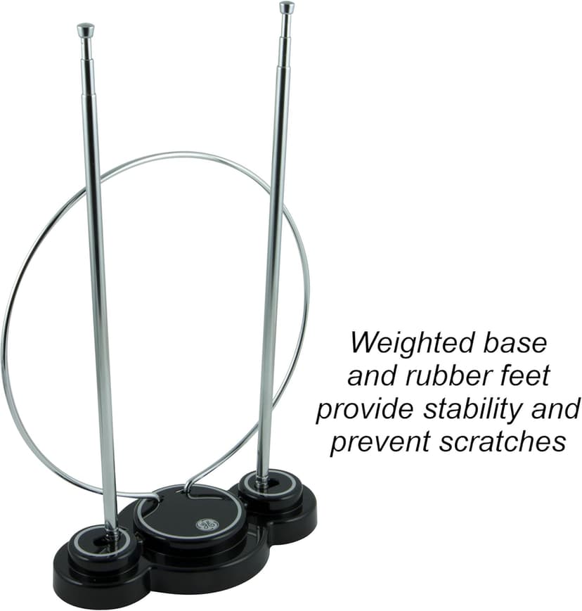 GE Traditional Rabbit Ears Indoor Black TV Antenna, 15 inch Extendable Dipoles and Circular Loop, Tabletop Antenna, Digital, HDTV Antenna, Smart TV Compatible, 4K 1080P VHF UHF, Compact Design, 33676 Rabbit Ear Antenna