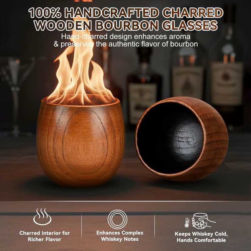 Premium Whiskey Glass Set, Unique Whiskey Gifts for Men, Perfect Gifts for Whiskey Lovers, Dad, Husband and Brother Charred Wooden Bourbon Drinking Glass, Bourbon Gifts for Men, 2 Pack, 10 oz B0GF1MXF75