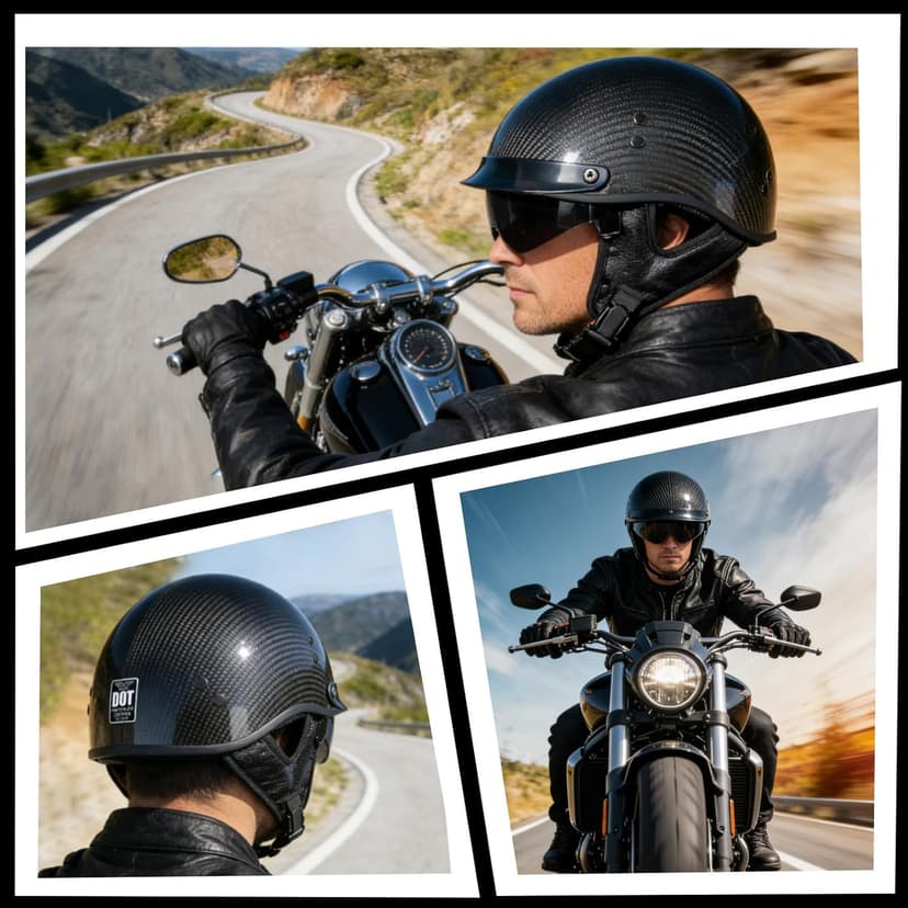 VCOROS Carbon Fiber Open Face Retro Motorcycle Helmets Men Women Half Face Helmets for Motorbike Cruiser Chopper Moped Scooter ATV (Gloss Black, L)