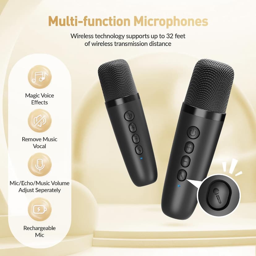 360° Surround Sound,5 Voice Effects,Bluetooth 5.0,LED Lights, TF/USB/AUX, For Kids and Adults, Family Home Party and Gifts Mini Karaoke Machine,Portable Bluetooth Speaker with 2 Wireless Microphones B0CNX6MMK3