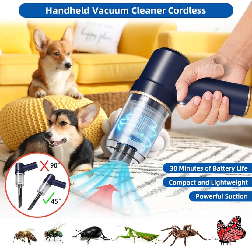 Bug Vacuum with Long Nozzle: 5 in 1 Handheld Cordless Car Vacuum Cleaner for Adults Car Home Office Garden, Rechargeable Strong Suction Insect Catcher for Spider Moth,Stink Bug (Blue)