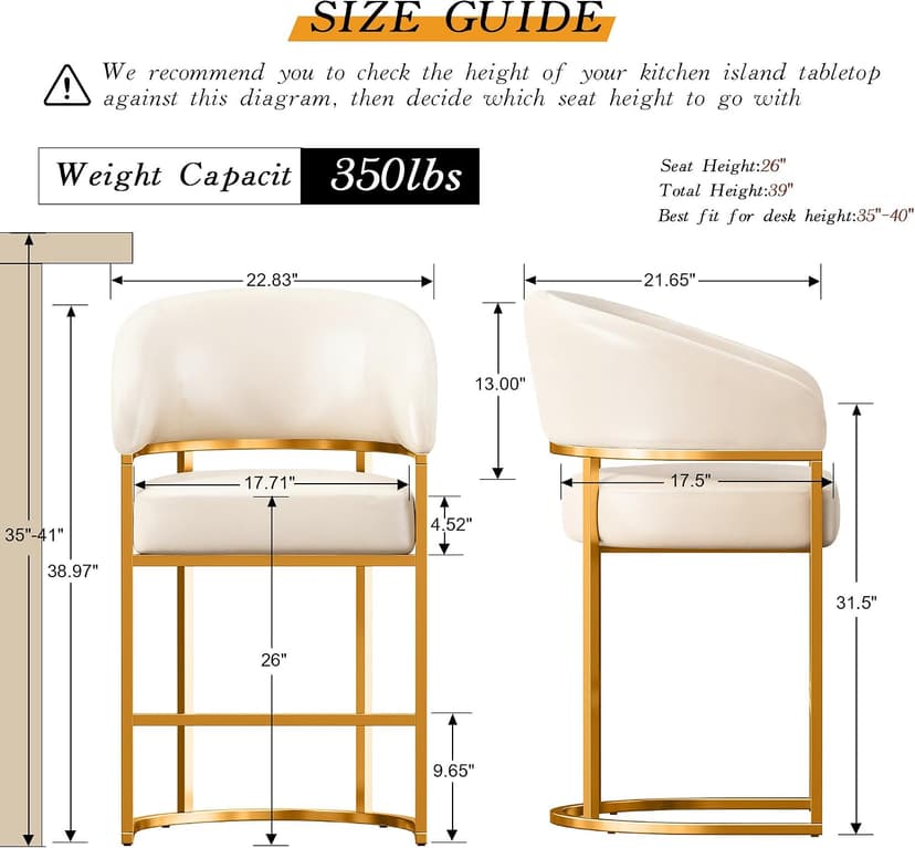 Modern Counter Height Bar Stools,Bar Stools Set of 3,PU Leather Upholstered Barrel Barstools with Backs,26" Kitchen Island Chairs,Metal Gold Frames,Beige White Leather