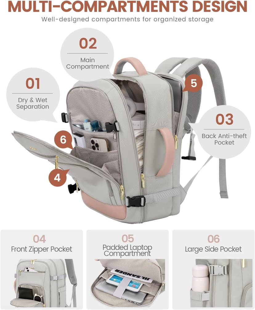 LOVEVOOK Travel Backpack For Women, 40L Carry On Backpack Flight Approved, TSA Personal Item Travel Bag Fits 17 Inch Laptop, Business Weekender Overnight Waterproof Daypack With 2 Cubes, Grey-Pink