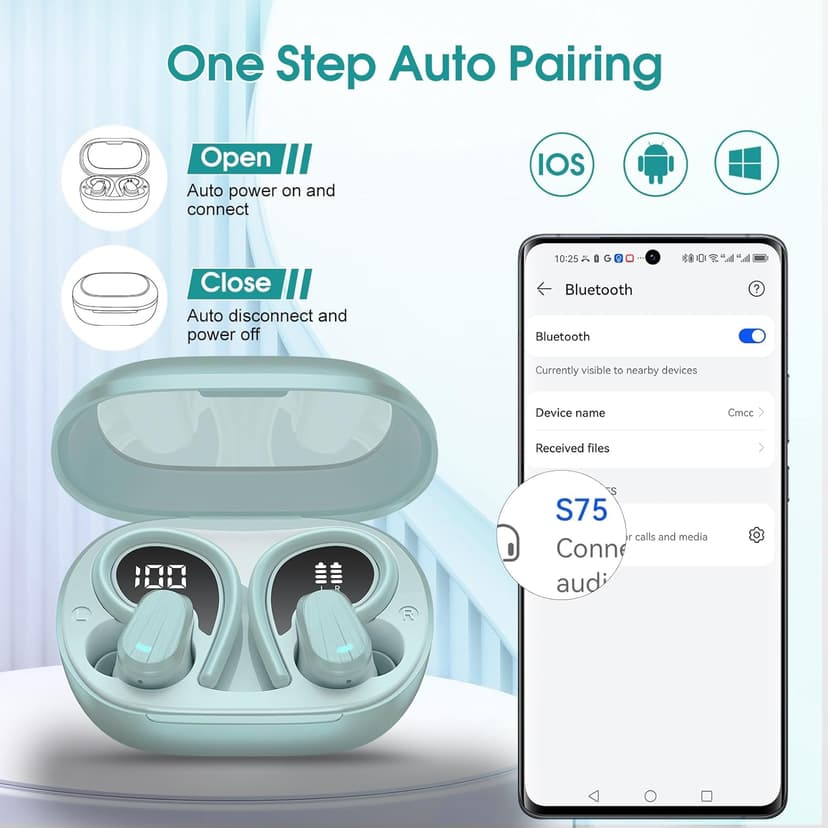 Wireless Earbuds, Headphones Sport Bluetooth 5.4, Over Ear Buds with ENC Noise Canceling Mic, Deep Bass Stereo Earphones with Hook, 50H, LED Display, IP7 Ear Buds for Workout Running, Light Green