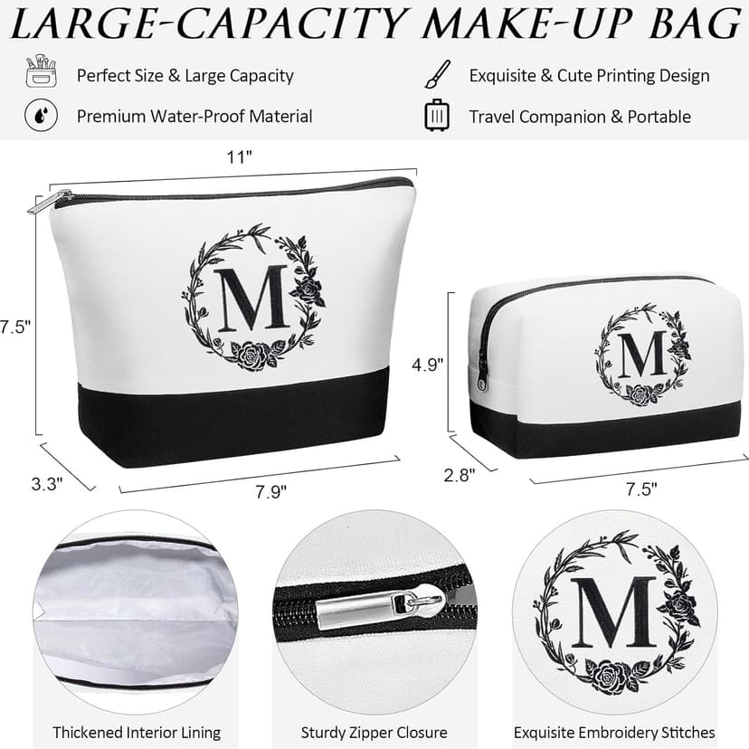 Personalized Christmas Gifts for Women, Initial Canvas Tote Bag & Makeup Bag Monogrammed Beach Tote Bags for Women w/Zipper, Birthday Gifts for Mom Her Sister Friend Girlfriend Wife Daughter Teacher