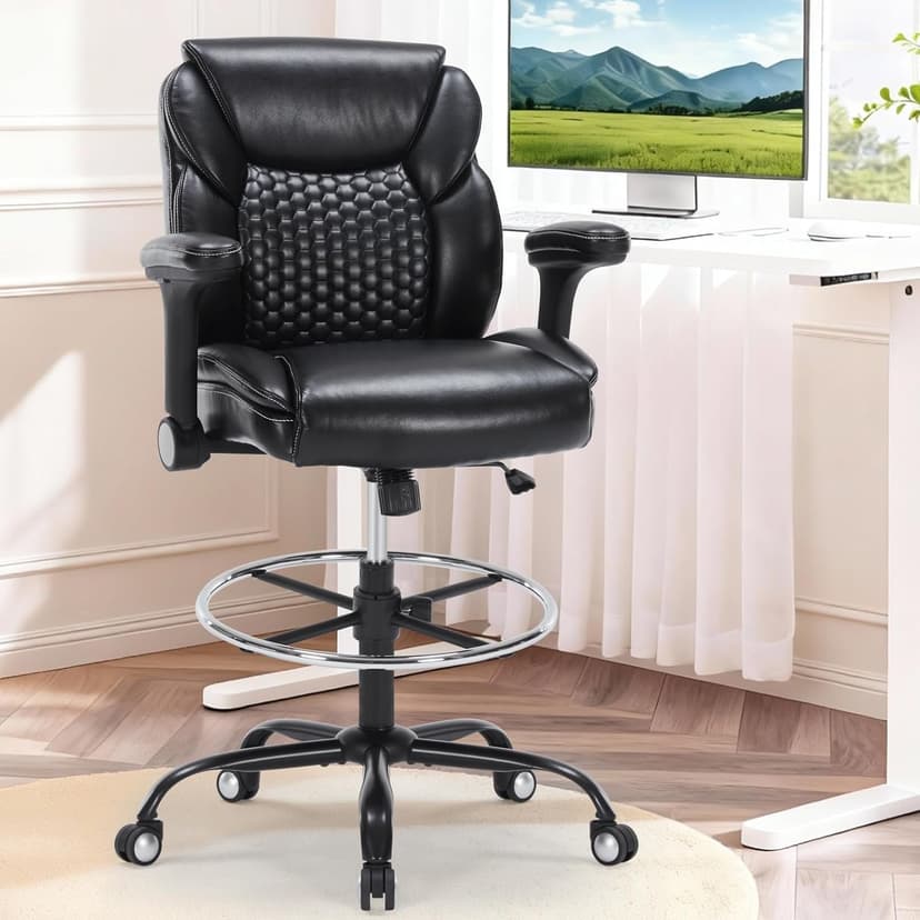 Drafting Chair, Tall Office Chair with Adjustable Armrests Mid-Back Standing Desk Chair with Footrest Ring, PU Leather High Executive Desk Chair Counter Height Office Chair for Home and Office, Black