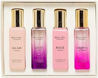 BellaVita Luxury Women's Perfume Gift Set (4x20ml) | Notes of Floral, Sweet, Spicey Red Fruit, Vanilla & Musk | DATE, SENORITA, GLAM & ROSE | French Parfum Collection Gift Set