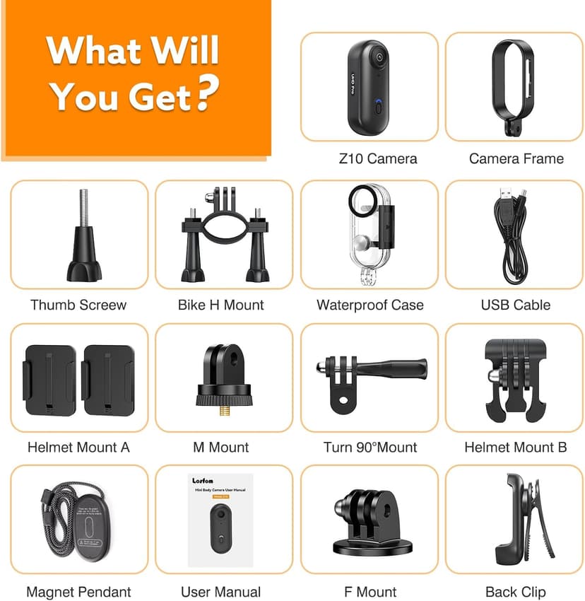 Losfom Z10 4K Action Camera, 128GB Wearable Sports Camera with Waterproof Case, Magnetic Clip, and Quick-Mount Accessories, Small Body Cam for Cycling, Diving, Travel (No WiFi No Bluetooth