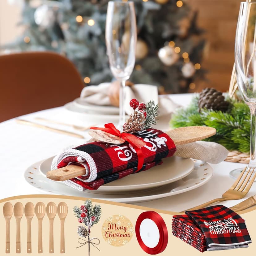 Pinkunn 8 Set Christmas Kitchen Gifts Bulk Xmas Dish Towels and Wooden Spoons Pine Picks Thank You Tag Ribbon Holiday Cooking Utensils Housewarming Gifts for Neighbor Employee Kitchen Xmas(Festive)