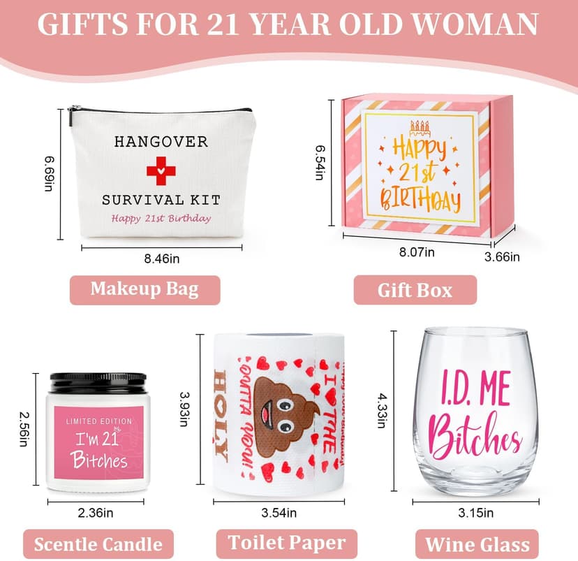 21st Birthday Gifts for Women Her Unique 21 Year Old Birthday Gifts for Female Her Funny Gift for 21 Year Old Female 21st Bday Decorations for Women - Wine Glass Toilet Paper Candle Makeup Bag B0CY1Z9QNV