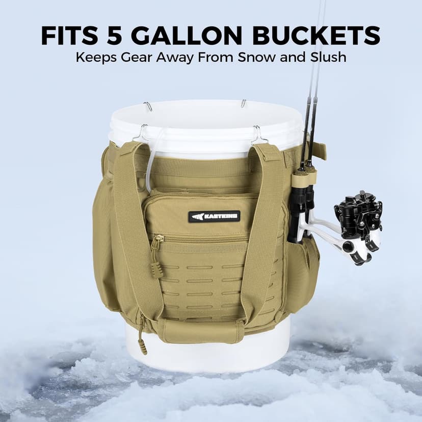 KastKing Karryall Fishing Bucket Organizer for 5 Gallon Bucket, Ice Fishing Tackle Bag with Adjustable Buckle, Rod & Plier Holder and Multi-Pockets for Fishing Gear & Accessories Storage,Khaki