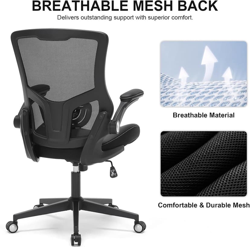 Office Chair, Ergonomic Desk Chair with Adjustable Lumbar Support, Breathable Mesh Computer Chair with Flip-up Armrests, 350lbs Comfy Swivel Task Chairs for Home Office, Black