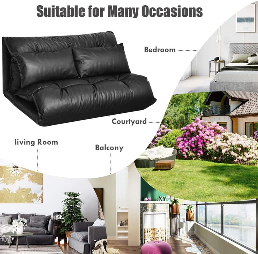 Giantex Convertible Sofa Bed, Floor Couch with 2 Pillows, PU Leather Loveseat Recliner, Folding Lazy Sleeper Sofa, 5 Position, Video Gaming Sofa Mattress for Reading Living Room Bedroom