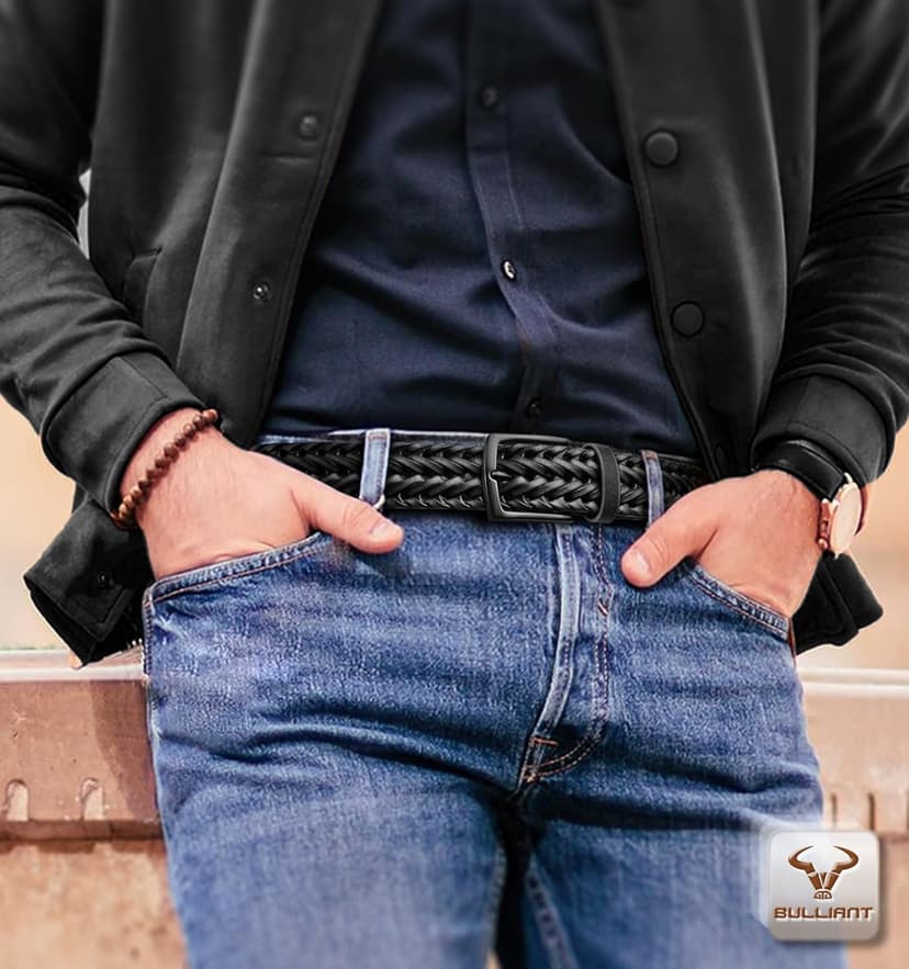 BULLIANT Men Belt 2Pack,Braided Woven Leather Belt For Men Golf Casual Jeans 1 3/8"