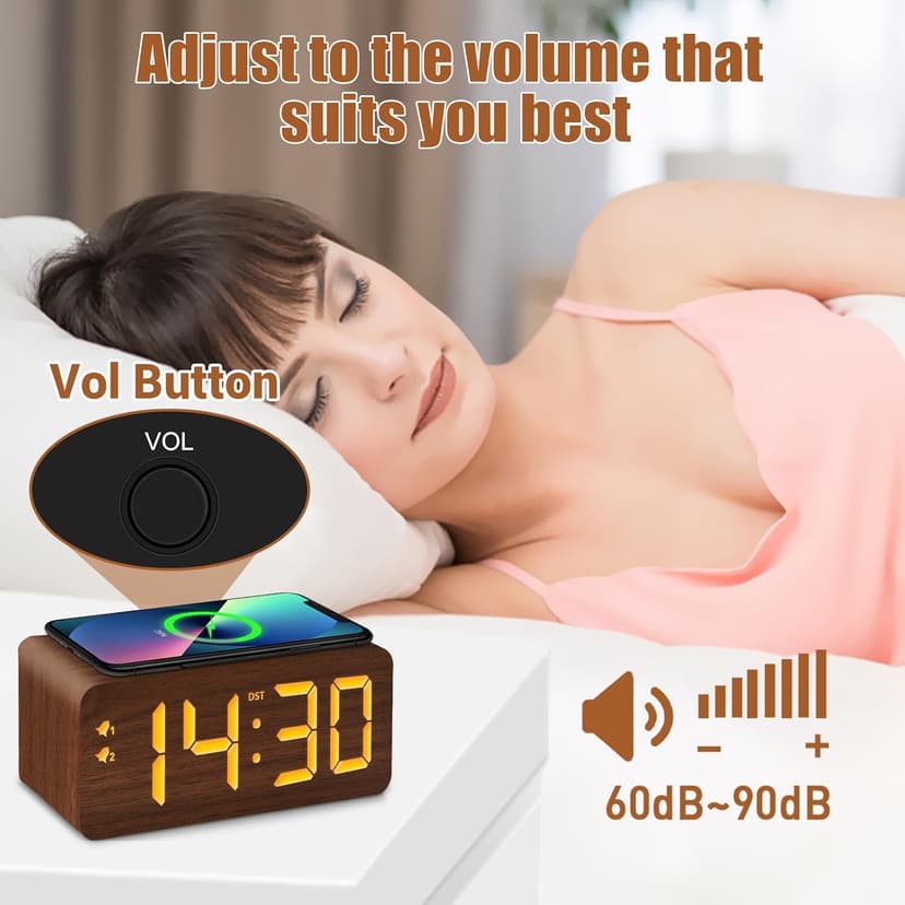 URAYCO Wood Digital Alarm Clock with 10W Fast Wireless Charger, USB Charging Ports, DST, Dimmable, Snooze, Large Number LED Display for Bedrooms, Desk, Living Room Table, Bedside, Nightstand (Brown)