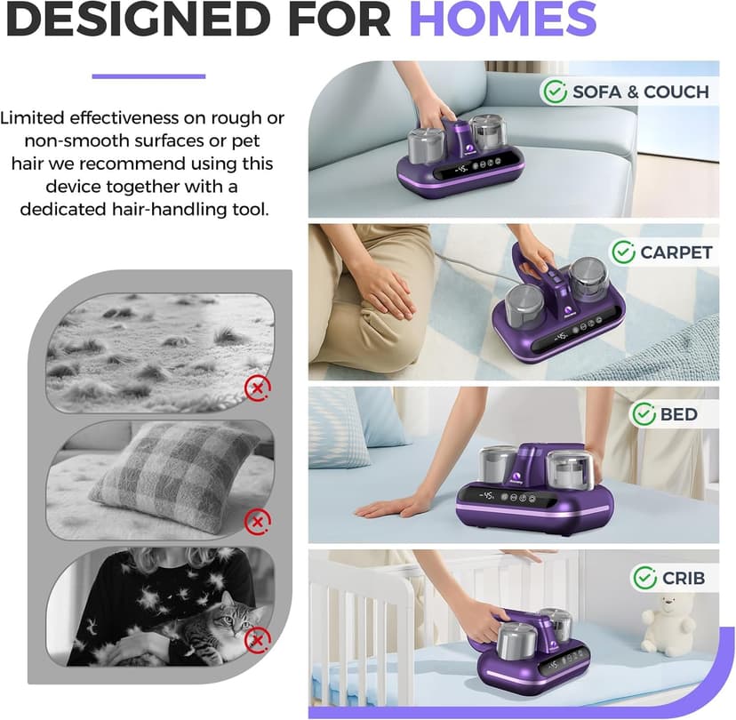 Mattress Vacuum Cleaner - 5-in-1 Cordless Bed Vacuum Cleaner, Powered by UV-C Light & Ultrasonic Technology, 16Kpa Strong Suction,Low Noise,Suitable for Dust, Pet Hair, Etc - Purple