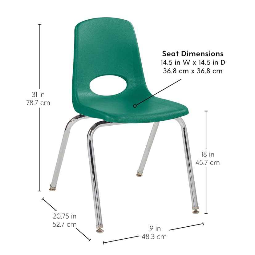 FDP 18" School Stack Chair, Stacking Student Seat with Chromed Steel Legs and Nylon Swivel Glides For In-Home Learning, Classroom or Office - Green (4-Pack), 10384-GN