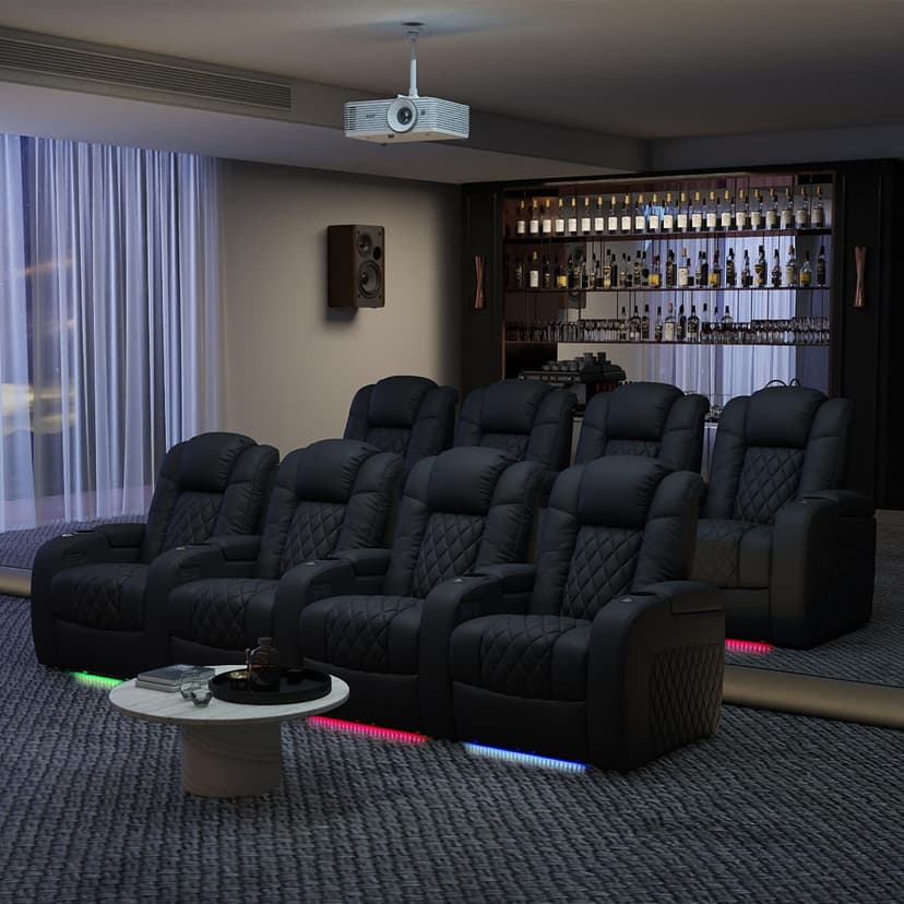 Weilianda Home Theater Seating Top Grain Leather, Zero Gravity Movie Theater Chairs Set, Power Headrest Recliner Chair Gaming Seats, 7 Colors Mood Light Sofa with Tray Table USB Charge Row of 3 Black