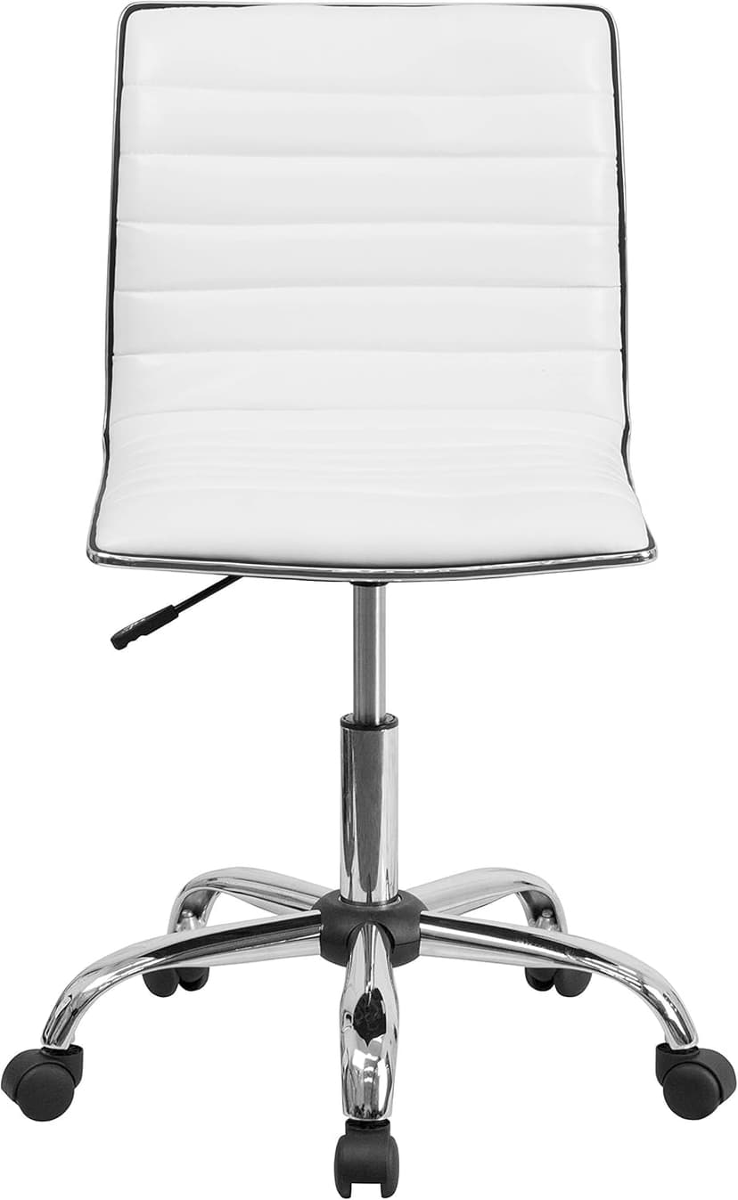 Flash Furniture Alan Low-Back Ribbed Upholstered Vinyl Swivel Desk Chair with Padded Seat, Modern Adjustable Height Padded Office Chair, White
