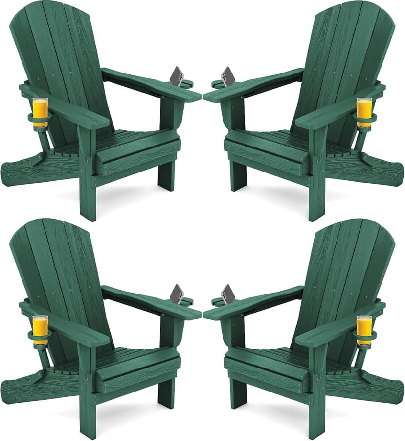 SERWALL Adirondack Chair with Cup Holders - Composite Adirondack Chairs Set of 4 HDPE Outdoor Chairs All Weather Use- Green
