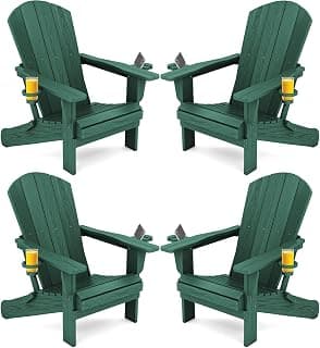 SERWALL Adirondack Chair with Cup Holders - Composite Adirondack Chairs Set of 4 HDPE Outdoor Chairs All Weather Use- Green