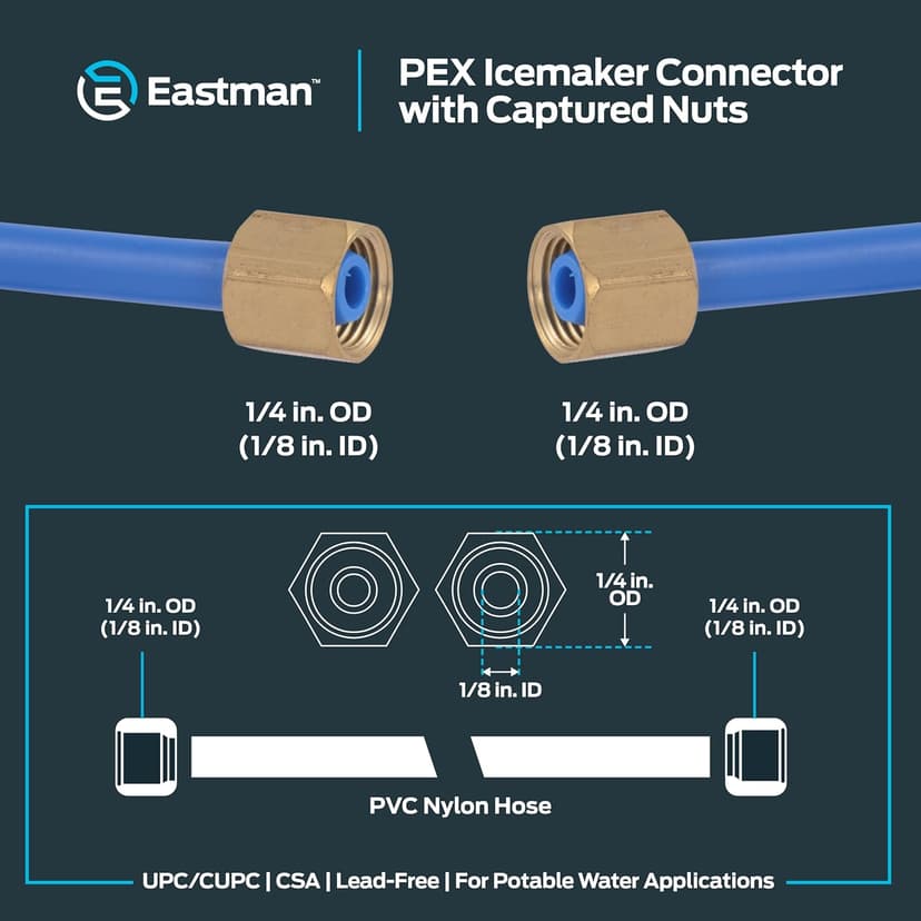 Eastman 8 Foot Flexible PEX Ice Maker Water Connector with Brass Nuts, 48316