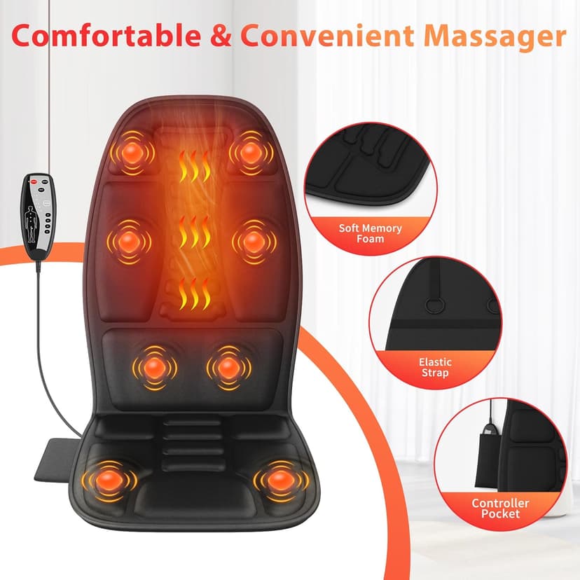 Back Massager with Heat, Massage Chair Pad with 5 Modes & 2 Heat Levels for Back & Thighs, Back Massage Pad for Office & Home Chairs, Matte Black