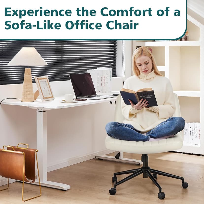 OLIXIS Criss Cross Chair with Wheels Wide Cross Legged Office Desk Vanity Chair Comfy Fabric Armless Adjustable Swivel for Home Computer Task PU Beige