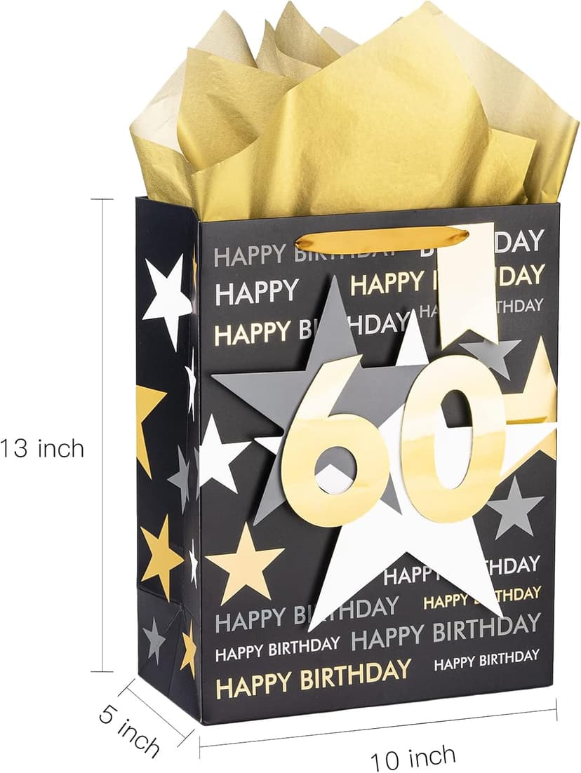Loveinside Birthday Gift Bag with Tissue Paper and Greeting Card for 60 Birthday - 10" x 5" x 13", 1 Pcs, Black Gold