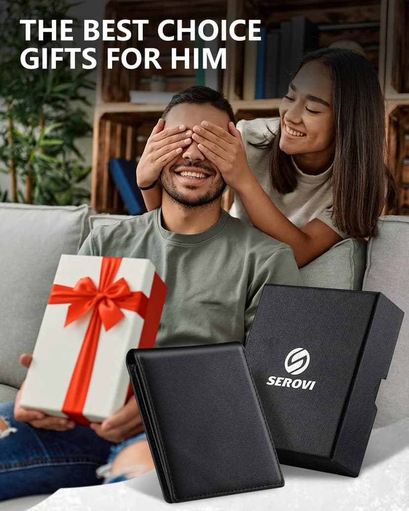 Serovi Genuine Leather Wallet for Men Bifold RFID Blocking Wallets with 12 Card Slots, 2ID Window & 2 Cash Pocket - Includes Gift Box (Coffee Brown)