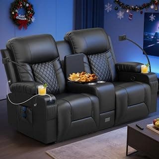 Loveseat Recliner Sofa, Home Theater Seating with Center Console, Reclining Loveseat RV Couch with USB Ports & Phone Holders, Wall Hugger RV Sofa Furniture with Storage & Pocket