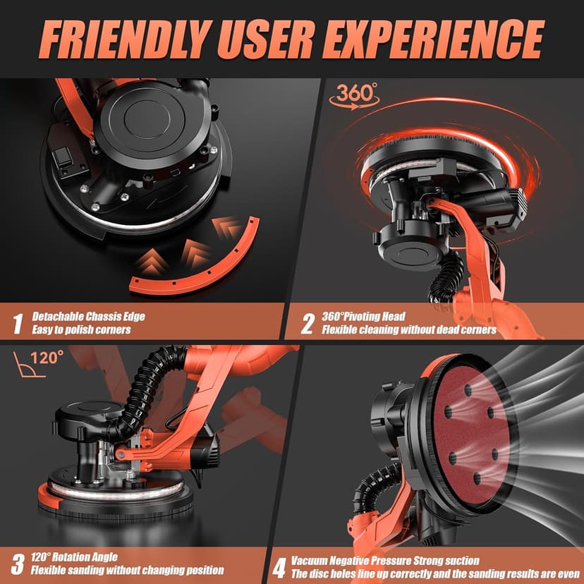 1000W Drywall Sander, Electric Drywall Sander, Popcorn Ceiling Removal Tool with Vacuum Dust Collection, 6 Variable Speed, Foldable Telescopic Handle