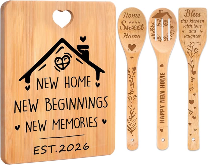House Warming Gifts New Home - "New Home, New Beginnings, New Memories" Engraved Bamboo Housewarming Gifts New Home Cutting Board Set, 2026 House Warming Gifts.