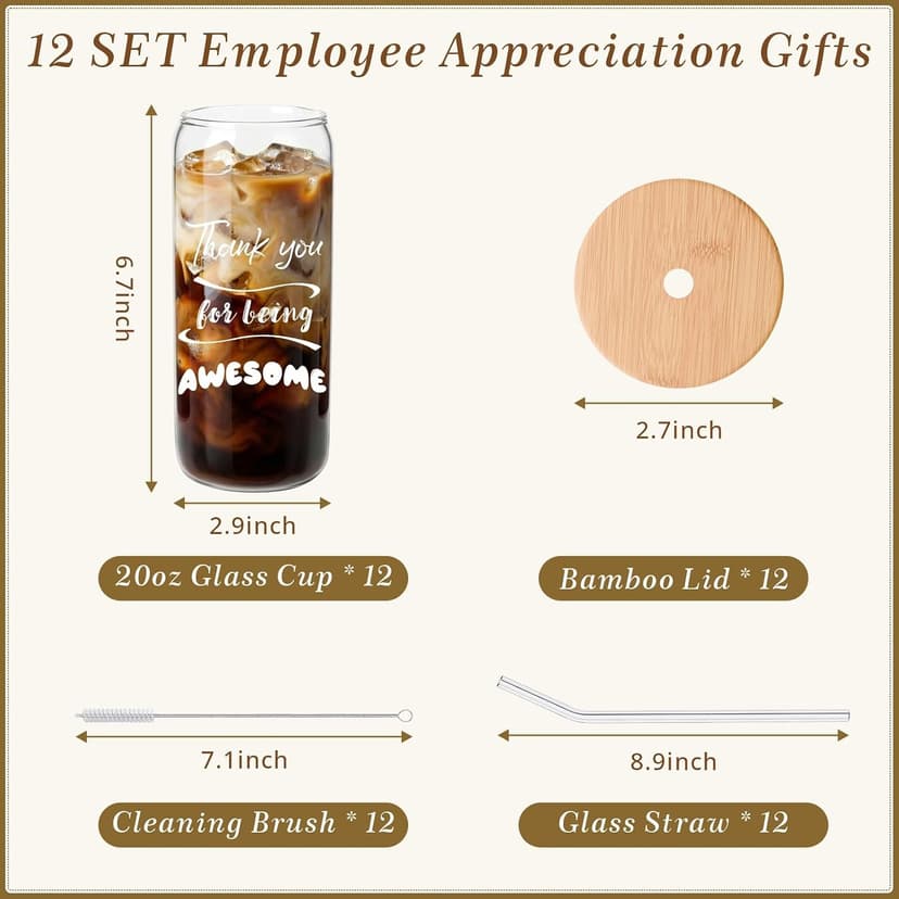 Appreciation Gifts for Team, Employees, Coworkers, Staff, Teacher, Nurse, 20oz Glass Cups with Straws and Lids, Mixed 12 Set Employee Appreciation Gifts, Inspirational Thank You Gifts for Staff B0GSRCKT29