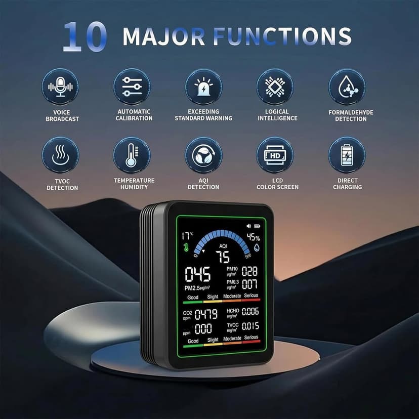 10 in 1 Indoor Air Quality Monitor, Air Tester, Portable Smartair Quality Tester for CO2 | CO | TVOC | HCHO | Temp | AQI | PM0.3-1 Detection Suitable for Home, Cars, Plants, Pets and Hotels