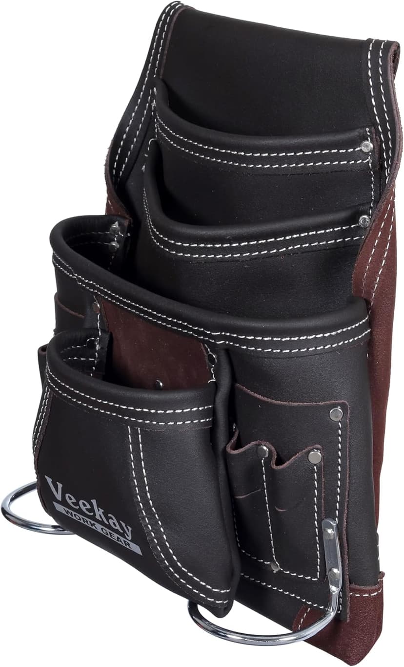VEEKAY 10 Pockets Men Resin Finish/Oil Tanned Leather Tool Pouch White and Brown Bags Fastener Carpenter's Nail, Tool Heavy Duty Steel Hammer Loop, Belt Loop for Electrician Technician Installers