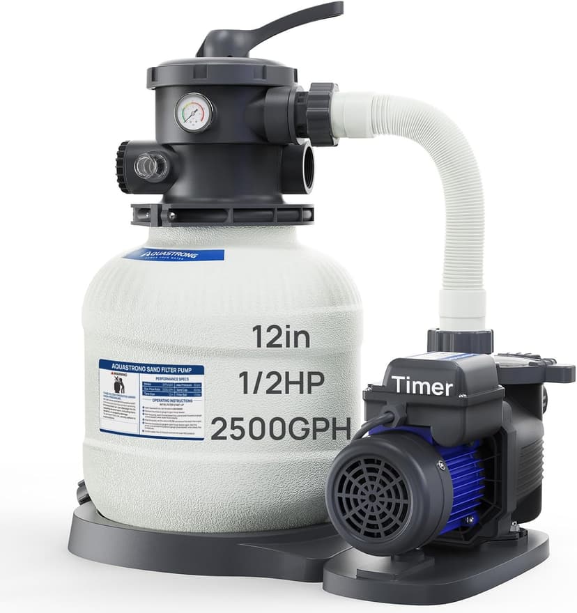 AQUASTRONG Sand Filter Pump for Above Ground Pool, Pool Pumps Above Ground,Pool Sand Filter with 6-Way Valve,Improved Circulation and Filtration, 12in, 1/2HP 2500 GPH with Timer
