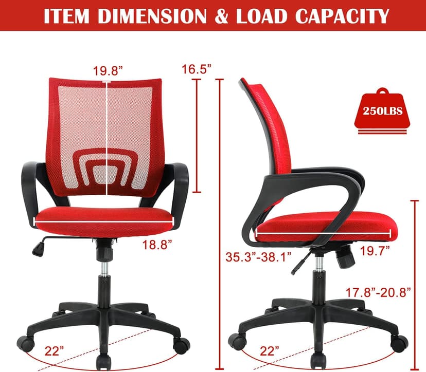 Office Chair, Desk Chair with Lumbar Support Arms, Adjustable Computer Chair with Breathable Mesh Backrest, Home Office Desk Chairs for Student, Adults, Study, Dorm, Comfortable Office Chair(Red)