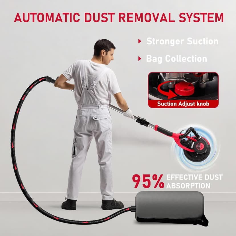 Cofiyard Drywall Sander with Vacuum Dust Collector,1250W Electric Drywall Sander ,7 Variable Speed LED Light 900-1800RPM,Foldable & Extendable Handle Ceiling Popcorn Removal Tool