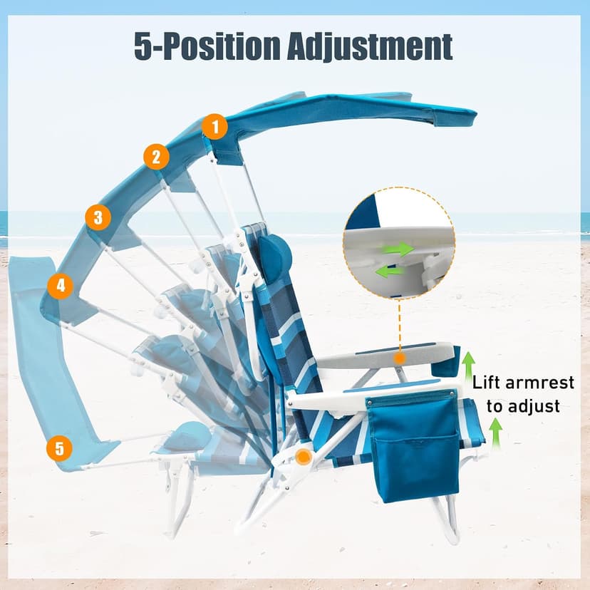 2 Pack Beach Chair with Canopy Shade, 5 Positions Lay Flat Textilene Reclining Beach Chair with Backpack Straps, Cooler Bag & Cup Holder for Outdoor Lawn Camping
