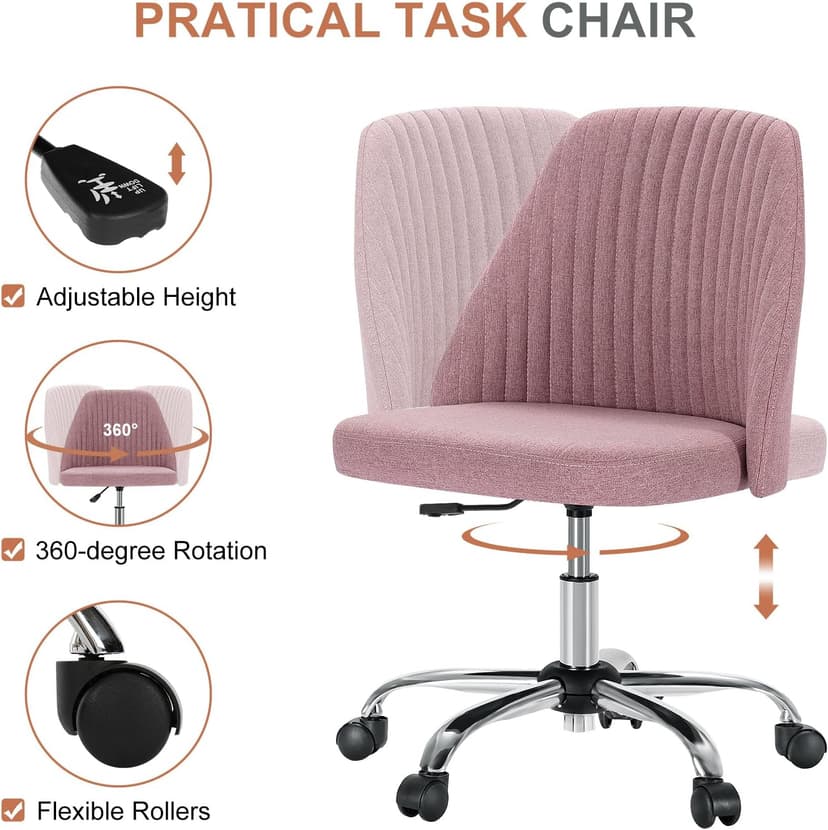 DUMOS Office Chair, Comfy Desk Chair Rolling Vanity Swivel Task Chairs with Wheels, Wide Seating Armless Height Adjustable Computer Chairs for Home,Bedroom,Student,Adults, Blush