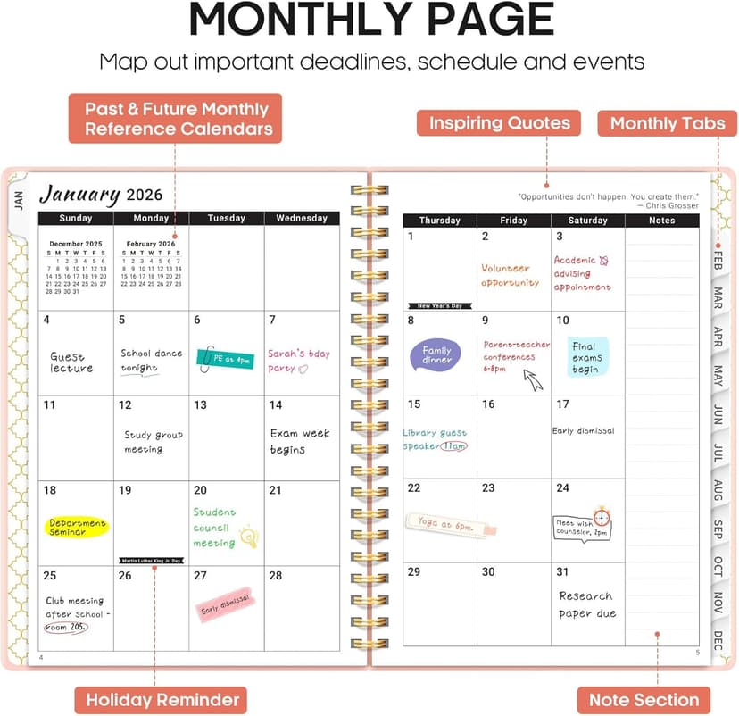 2026 Planner, Weekly and Monthly Calendar Planner, January 2026 - December 2026, Hardcover 2026 Calendar Book with Tabs For Women & Men, Inner Pocket, Spiral Bound, Perfect for Office Home School Supplies - A5 (6.3" x 8.5"), Pink