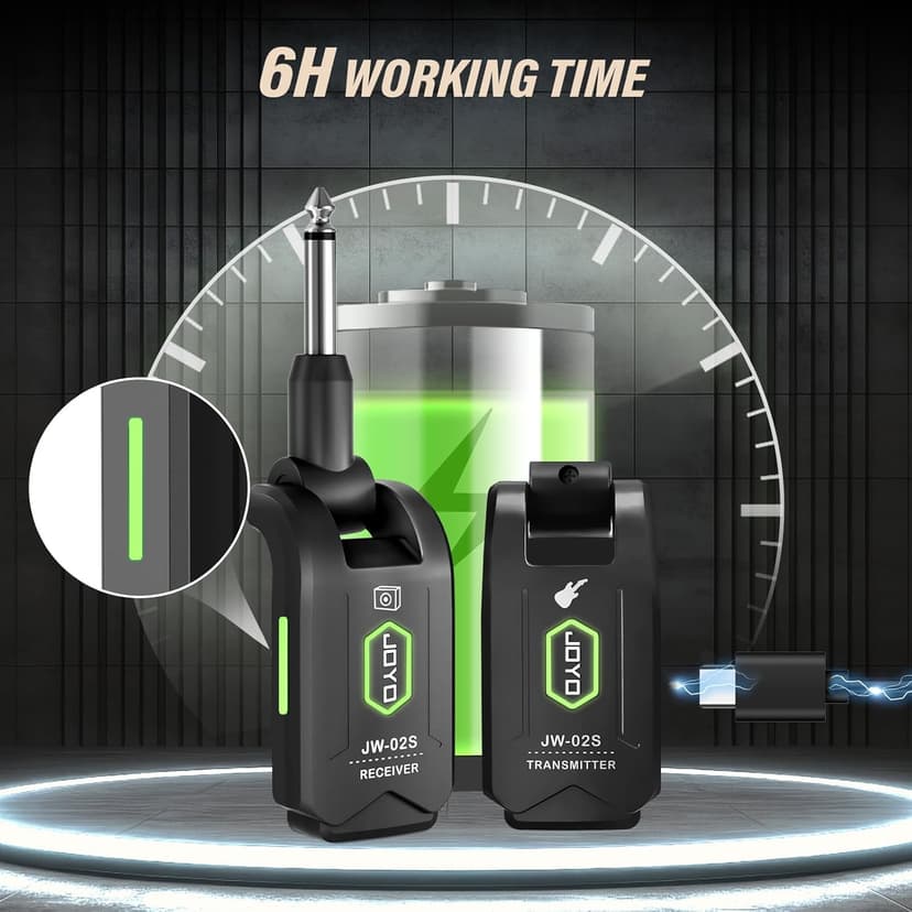 JOYO 5.8GHz Wireless Guitar System Wireless Guitar Transmitter Receiver Rechargeable Audio with 4 Signal Channels for Electric Guitar Bass 20M (JW-02S)